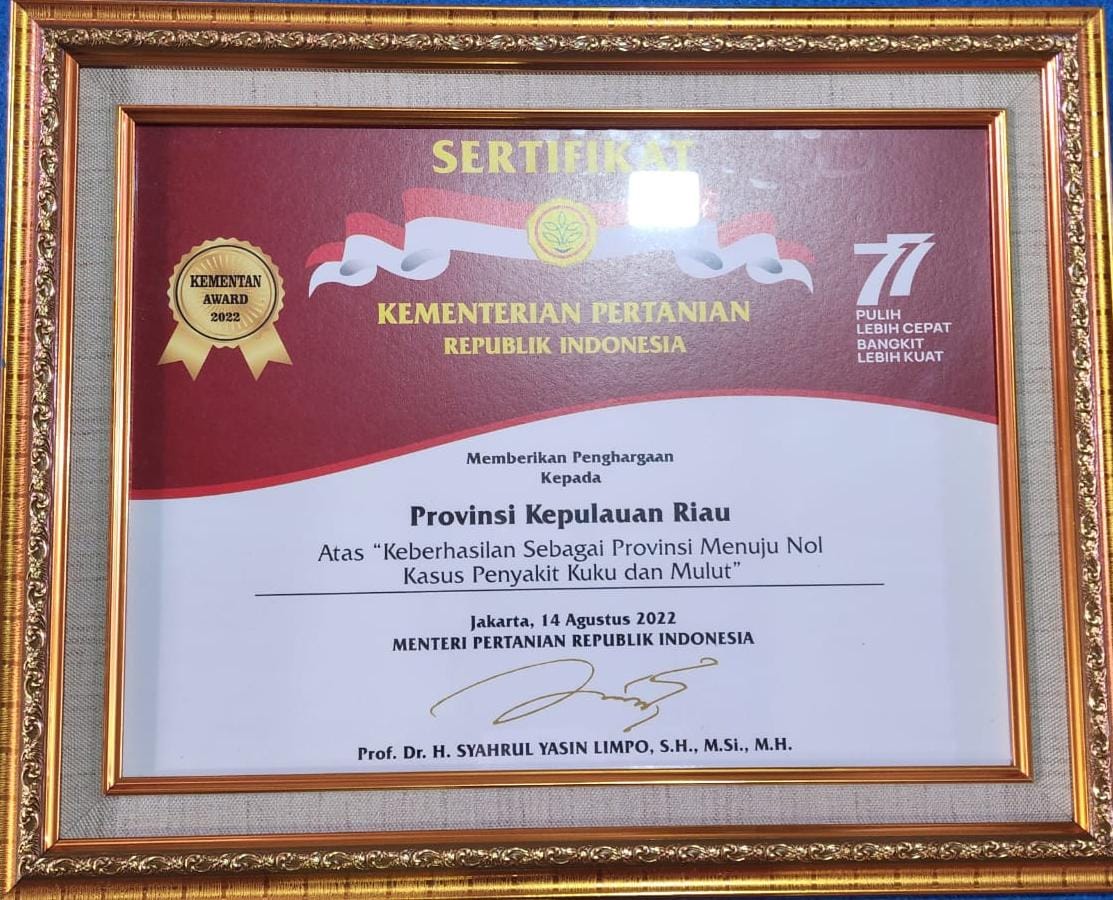 Gubernur Kepri Terima Penghargaan Bidang Pertanian 2022 dari Kementan