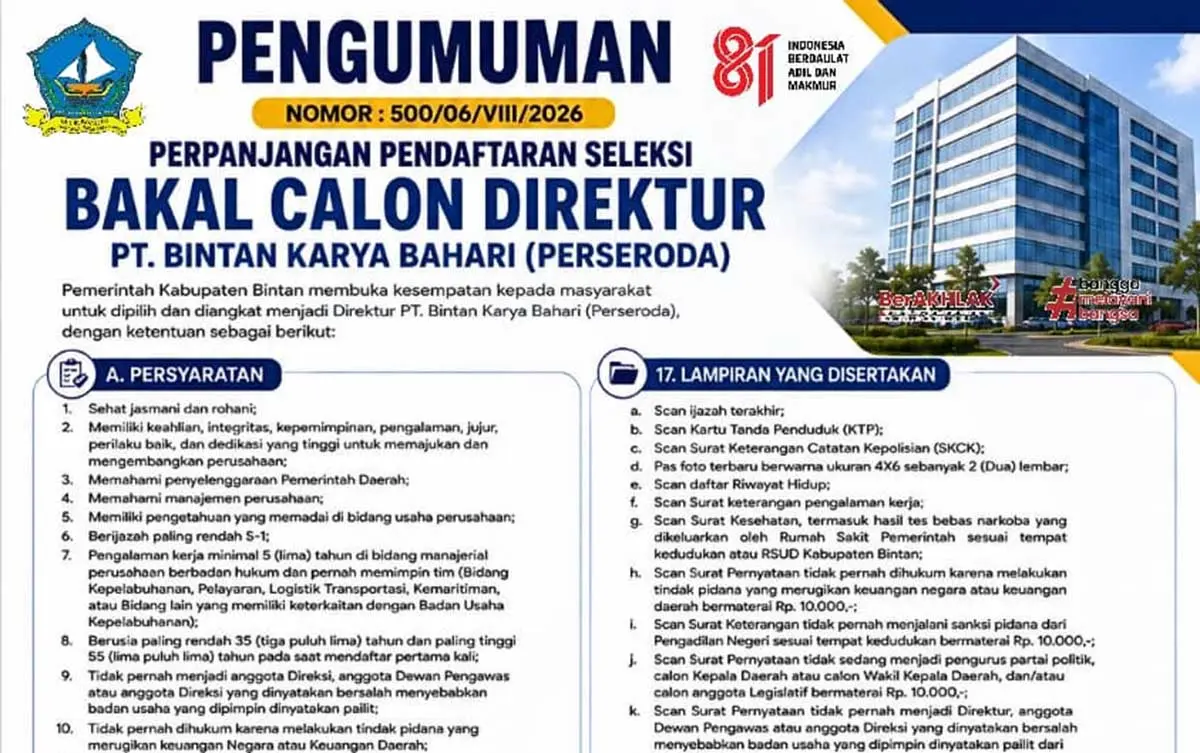 Pendaftaran Komisaris dan Direktur BUMD Bintan Diperpanjang, Cek Syarat dan Jadwalnya